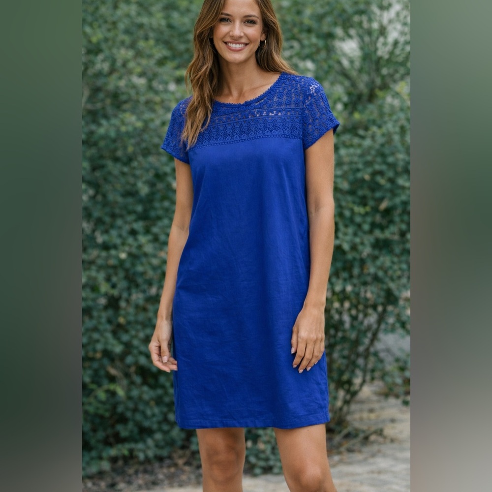 GAP Royal Blue Crochet Yoke Shift Dress Women’s Size S Short Sleeve Boho